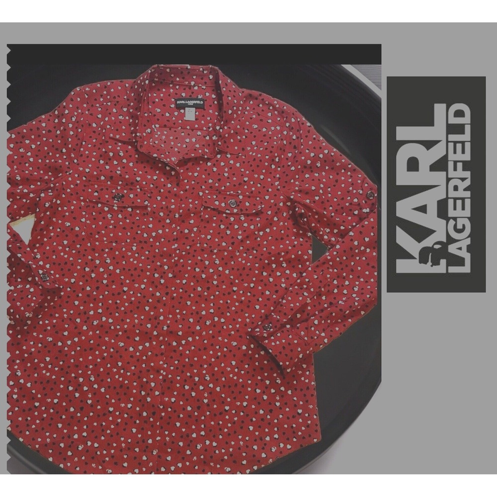 Karl Lagerfeld Paris - Roll Tab Sleeves - Blouse - Women's Medium- Red - Hearts